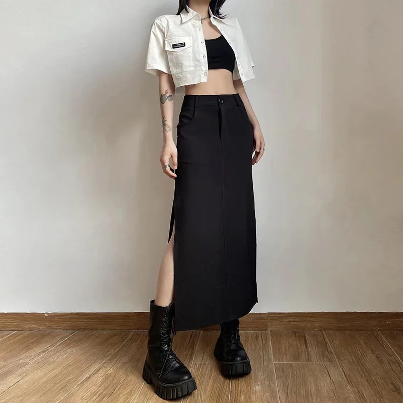 Vintage skirts for retro-inspired fashion vibes -Goth Dark Streetwear Black Y2k Cargo Midi Grunge Gothic Split Sexy High Waist Skirt