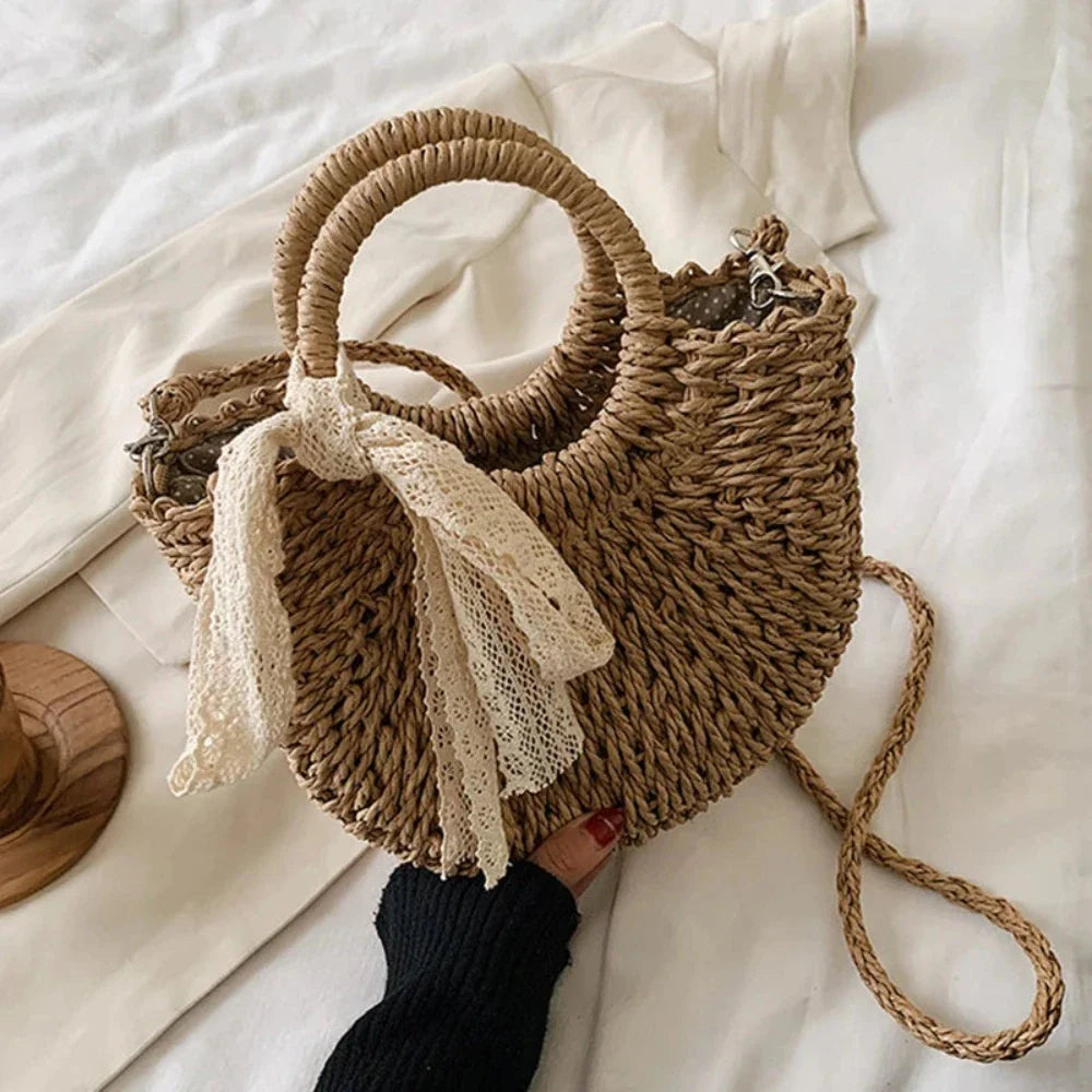 Handle bags with vegan suede for softness -Women Summer Shoulder Straw Bag