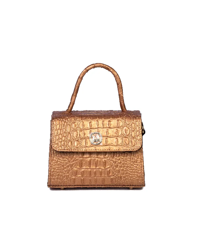 Handle bags with striped canvas for beach -Tokyo Micro: Gold Textured Crocodile Print