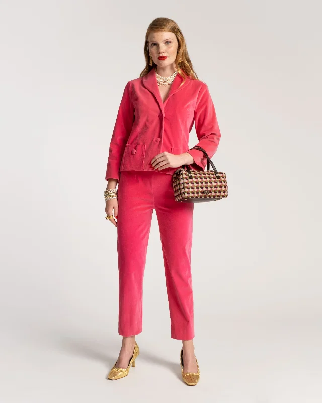 Tight trousers for men with tapered legs and sharp, tailored finish -Lucy Pant Stretch Velvet Hot Pink