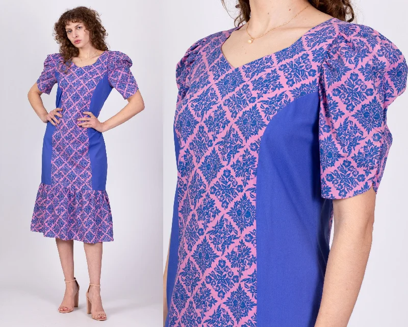 Lace Dresses for Delicate -Vintage 70s Does 40s Purple Hawaiian Puff Sleeve Dress - Medium