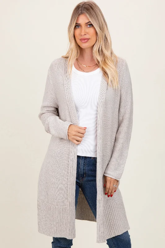 Sporting - event cardigan for a casual - sporty look -Cream Contrast Rib Long Open Cardigan