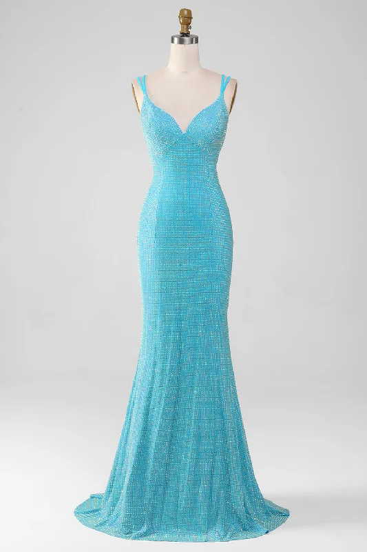 Sleeveless Dresses for Coolness -Sparkly Turquoise Mermaid Spaghetti Straps Long Prom Dress With Beading