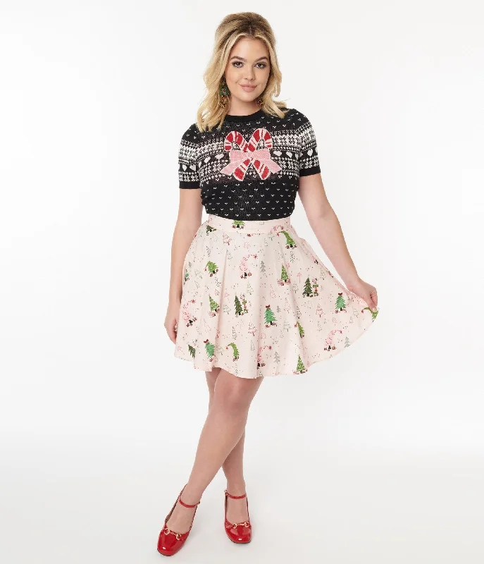 Vintage skirts with classic floral prints -Retrolicious Pink & Christmas Tree Skater Skirt