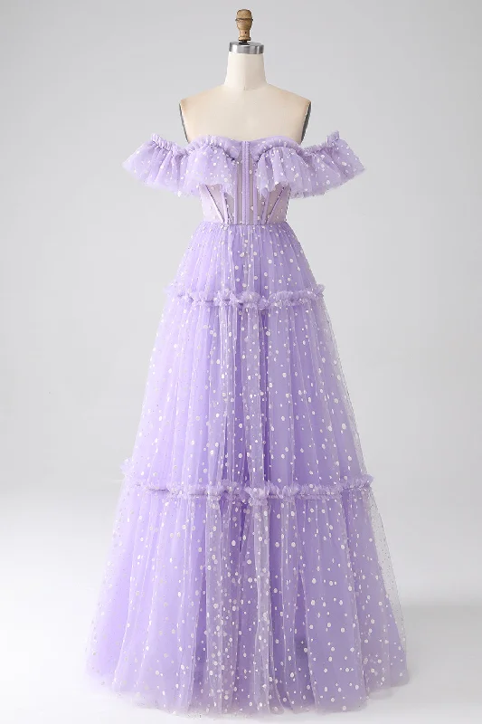 Ball Gown Dresses for Glamour -Off The Shoulder Lilac Corset Prom Dress