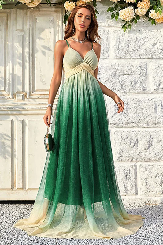 Pencil Dresses for Slimming -Green Gradient Spaghetti Straps A Line Prom Dress