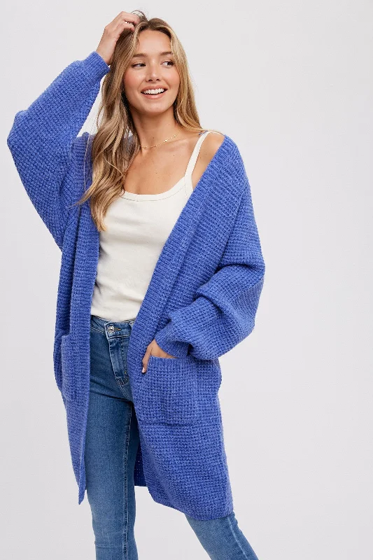 Patchwork - cardigan with a unique design -Blue Chunky Waffle Knit Cardigan