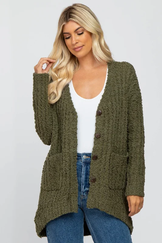 Sequined cardigan for party occasions -Olive Popcorn Knit Hi-Low Cardigan