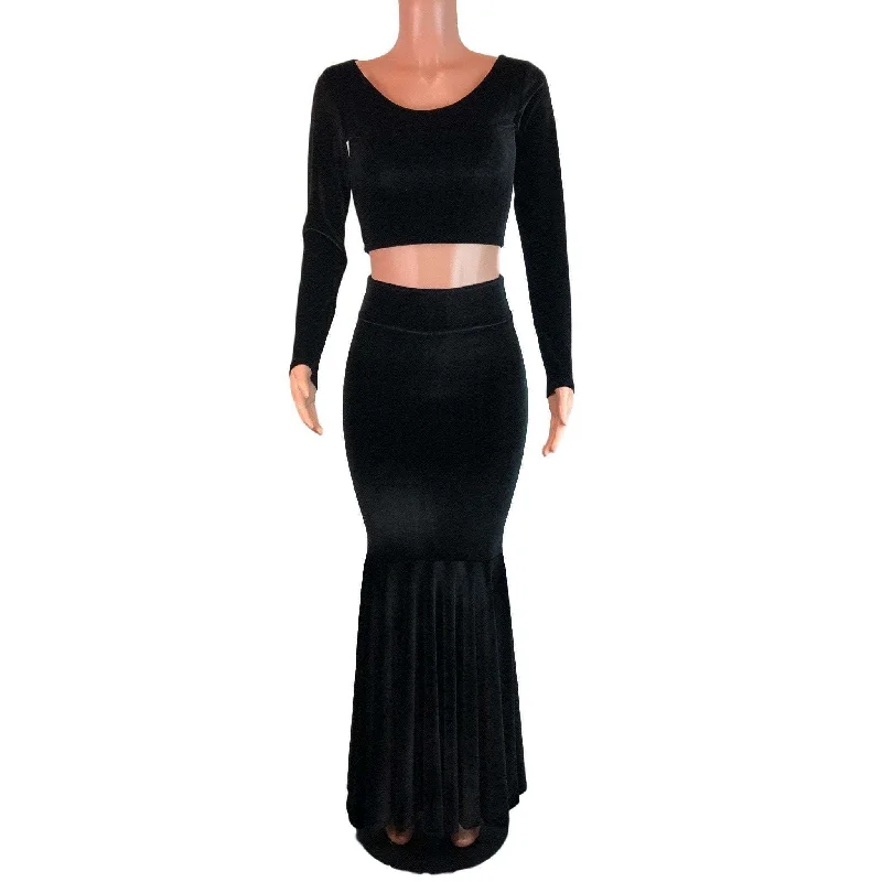 Trendy skirts with asymmetrical hem lines -Black Velvet Morticia Outfit - Mermaid Long Fit n Flare Skirt and Long Sleeve Crop Top