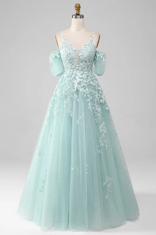 Christmas Dresses for Holiday -Mint Ball-Gown Off The Shoulder Beaded Prom Dresses With Appliques