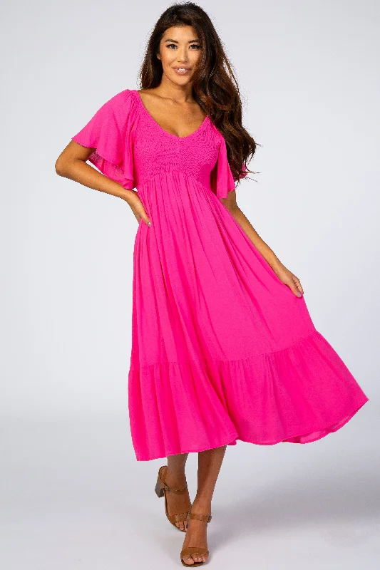 Maxi Dresses for Elegant Style -Fuchsia Smocked Ruffle Dress