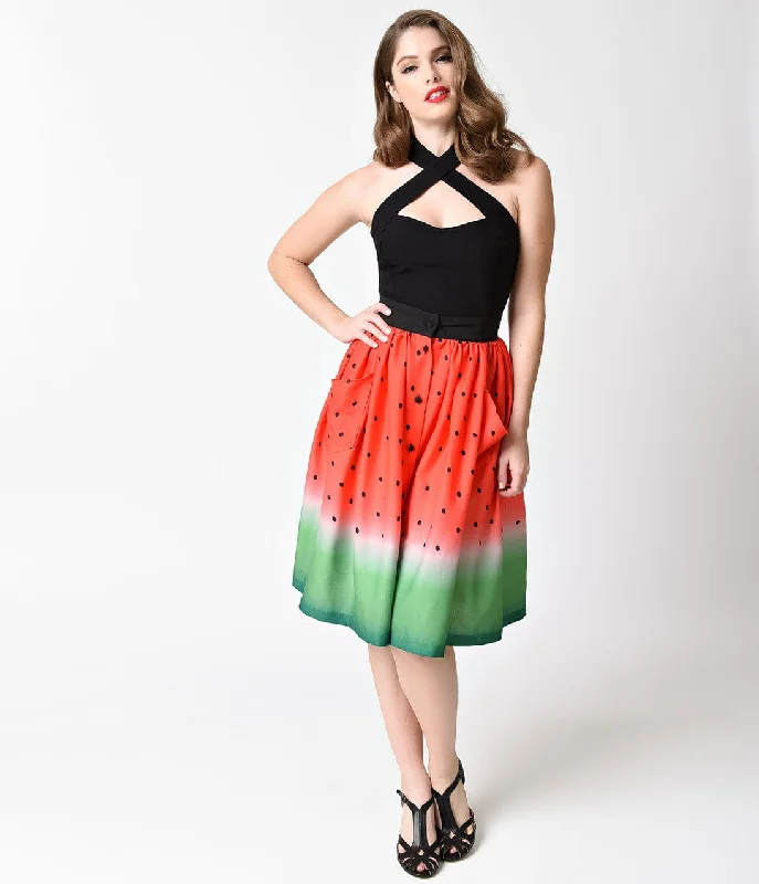 Vintage skirts with 70s-inspired designs -Unique Vintage Watermelon Ombre Button Up Elora Swing Skirt