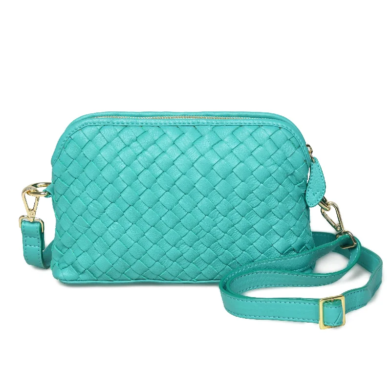 Handle bags with bright neons for visibility -IRA Hand Woven Crossbody Bag in Teal Leather