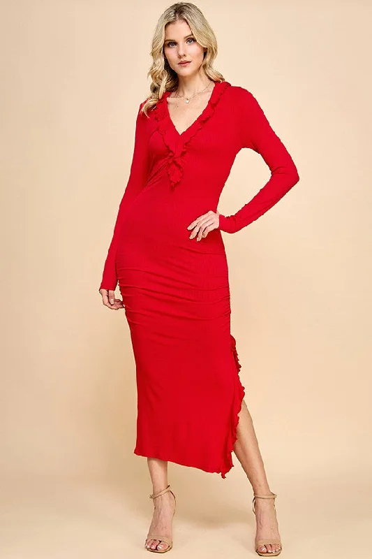 Tie-up Dresses for Decorative -Red Ruffle Ruched Long Sleeve Maxi Dress