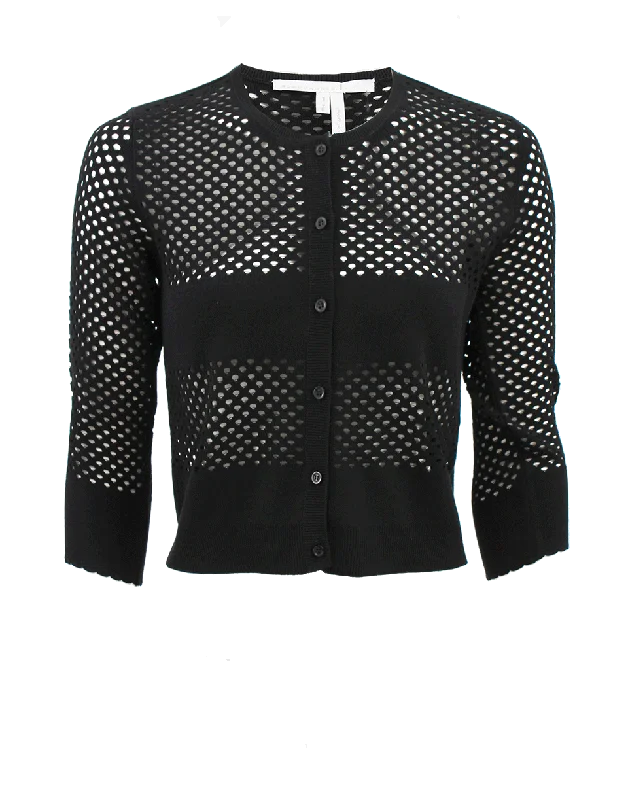 Short cardigan for petite women's style -Black Half Sleeve Techno Net Knit Cardigan