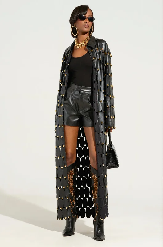 Sequined cardigan for party occasions -THE SNEAK PEEK STUDDED PU LONG CARDIGAN IN BLACK