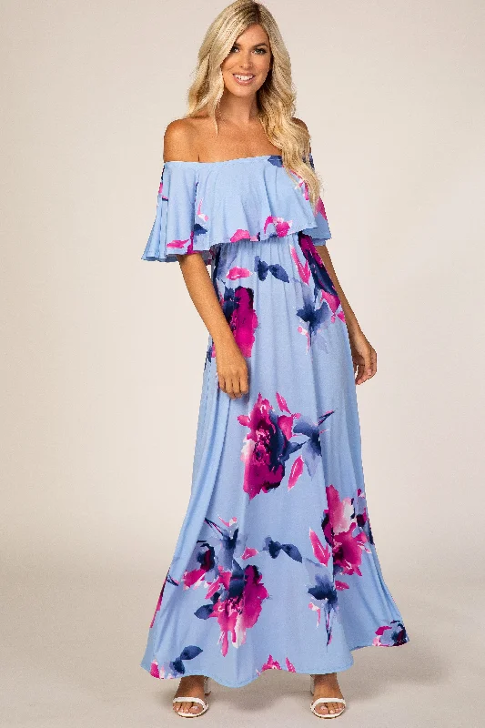 Prom Dresses for School Dance -Light Blue Floral Off Shoulder Maxi Dress