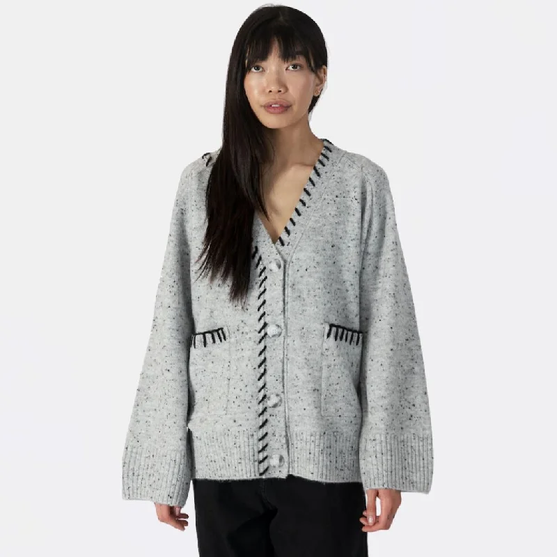 Christmas - cardigan for a holiday - themed outfit -Shyla Long Cardigan with Elbow Heart Patches (Light Grey Fleck)