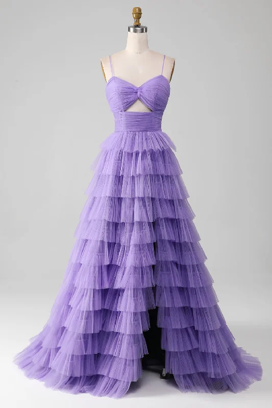 Modern Dresses for Trendy -Purple Tulle A-Line Tiered Long Prom Dress with Slit