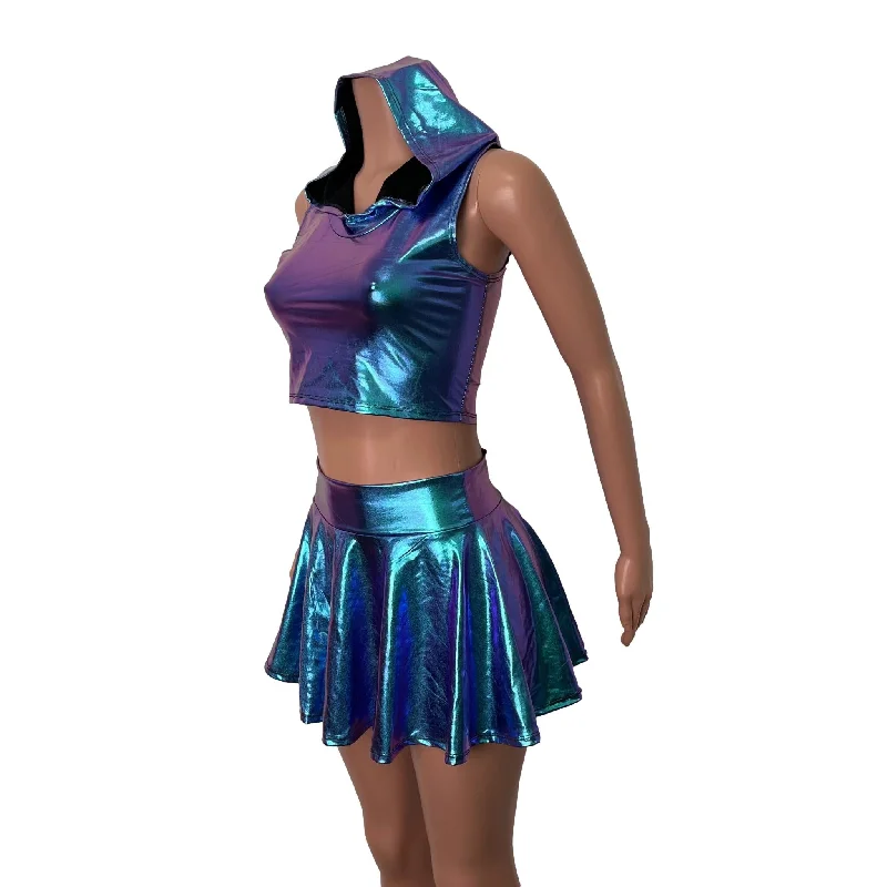 Wrap skirts for adjustable stylish fit -Rave Outfit - Oil Slick Holographic High Waisted Skater Skirt & Sleeveless Cropped Hoodie