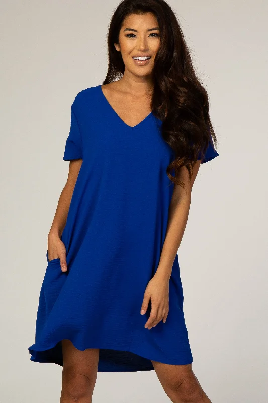 Bridesmaid Dresses for Ceremony -Royal Blue V-Neck Short Sleeve Dress