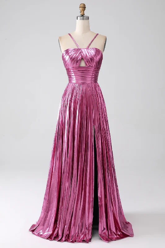 Silk Dresses for Luxurious -Fuchsia A-Line Spaghetti Straps Pleated Metallic Prom Dress with Slit