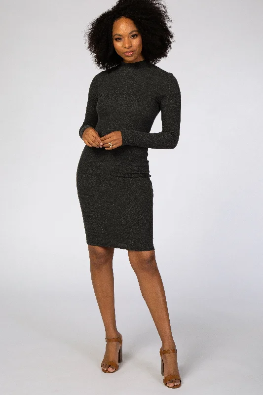 Evening Dresses for Formal Events -Charcoal Ribbed Mock Neck Fitted Dress