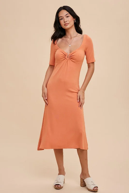 Khaki Dresses for Casual -Peach U Notched Midi Dress