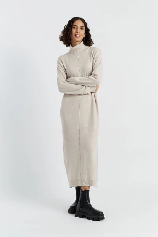 Short-sleeved Dresses for Summer -Light-Oatmeal Wool-Cashmere Rollneck Dress