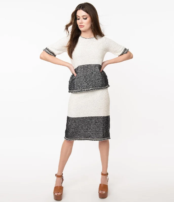 A-line midi skirts for balanced style -1970s Style Ivory & Black Colorblock Knit Skirt