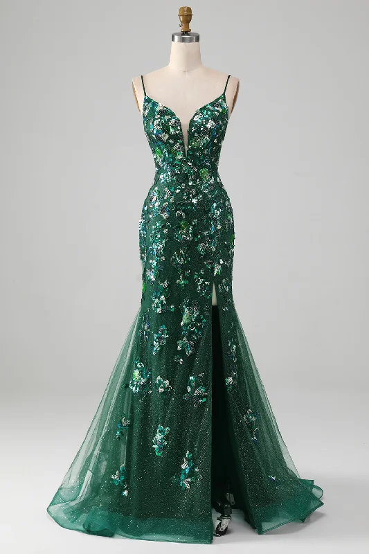 Shift Dresses for Simple Look -Mermaid Lace-Up Back Dark Green Prom Dress with Appliques