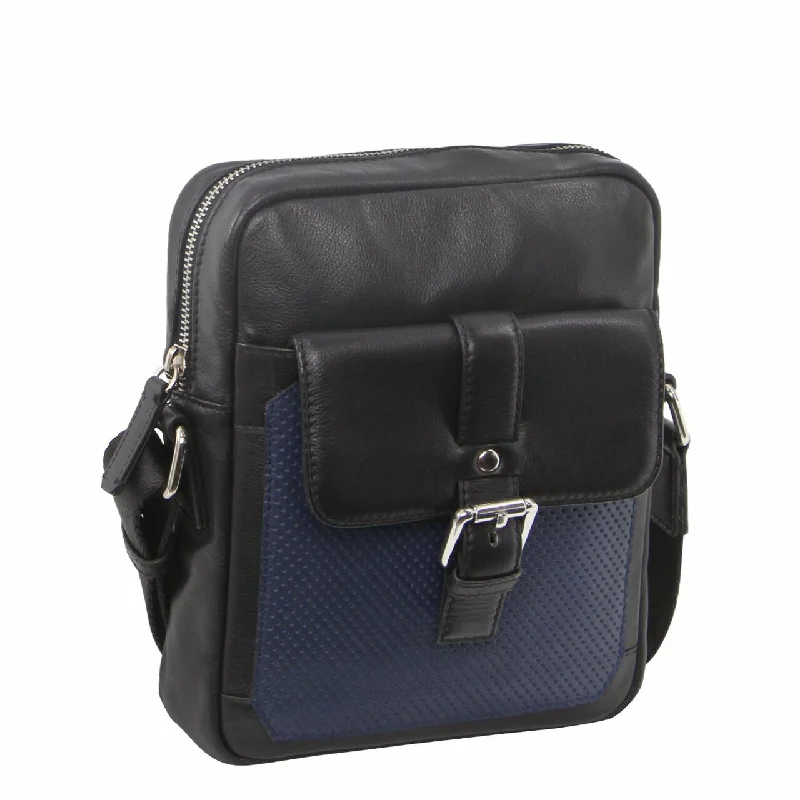 Quilted handle bags with stylish textured finish -Pierre Cardin Pebbled Leather with perforated design Cross-Body Bag in Black-Navy (PC 3301)