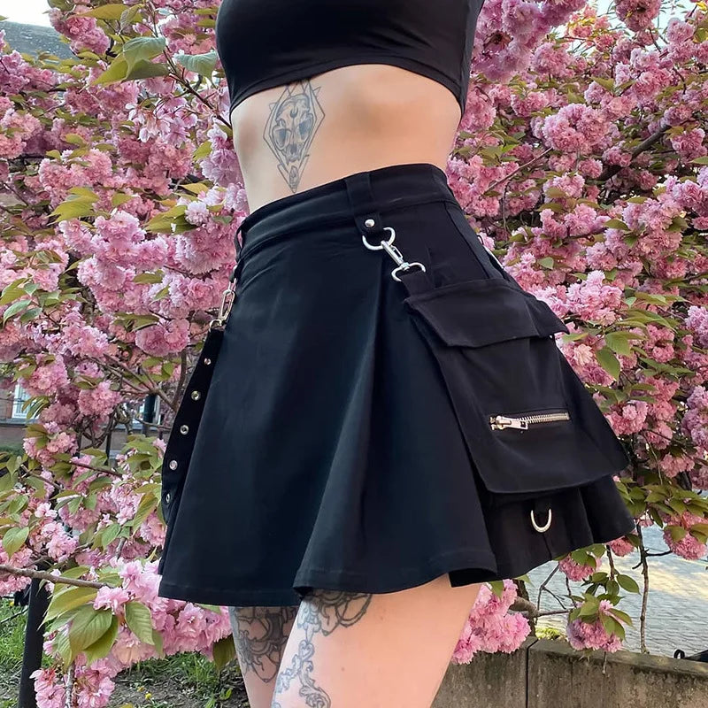 Durable skirts for active lifestyle needs -Black Harajuku Gothic High Waist Sexy Patchwork Bandage Mini Skirt