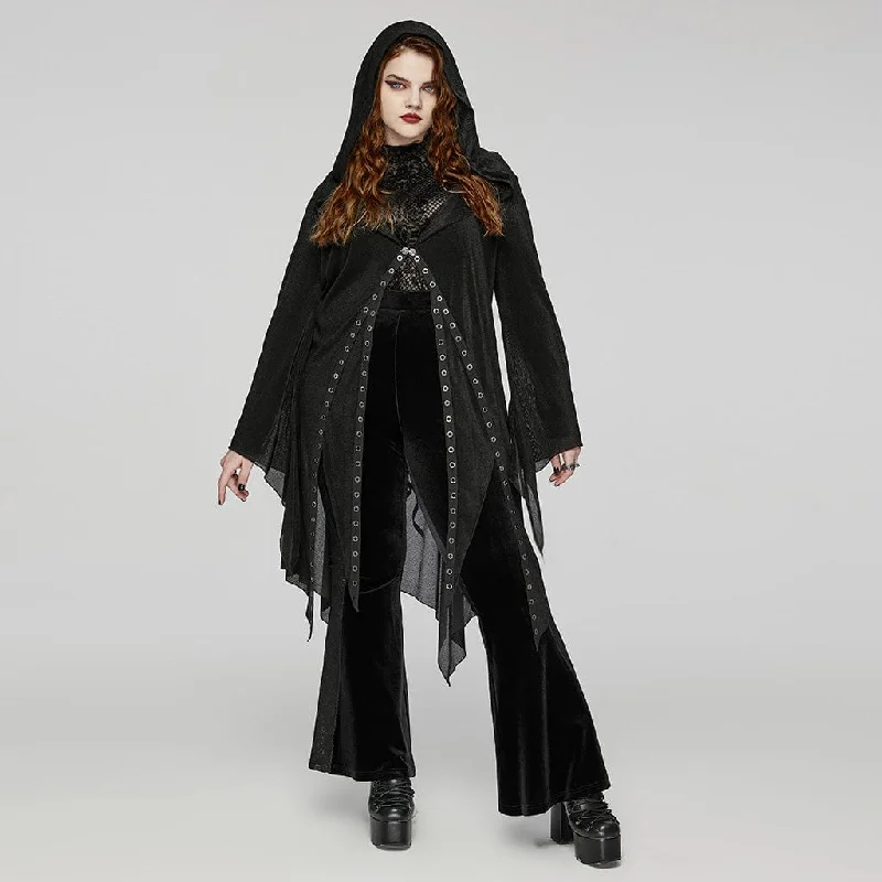 Casual - cardigan for everyday wear -Women's Plus Size Gothic Irregular Eyelet Mesh Cardigan with Hood