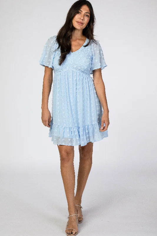 Casual Dresses for Everyday -Light Blue Swiss Dot Smocked Dress