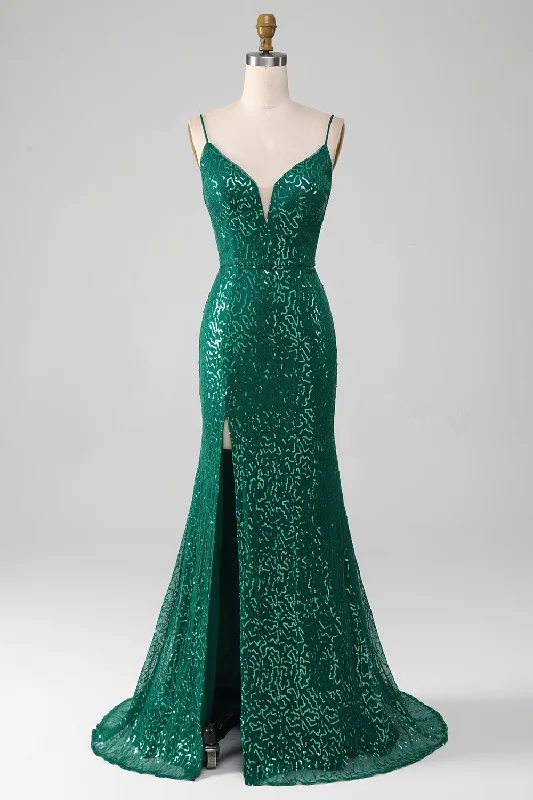 Lace Dresses for Delicate -Sparkly Dark Green Beaded Sequins Long Prom Dress with Slit