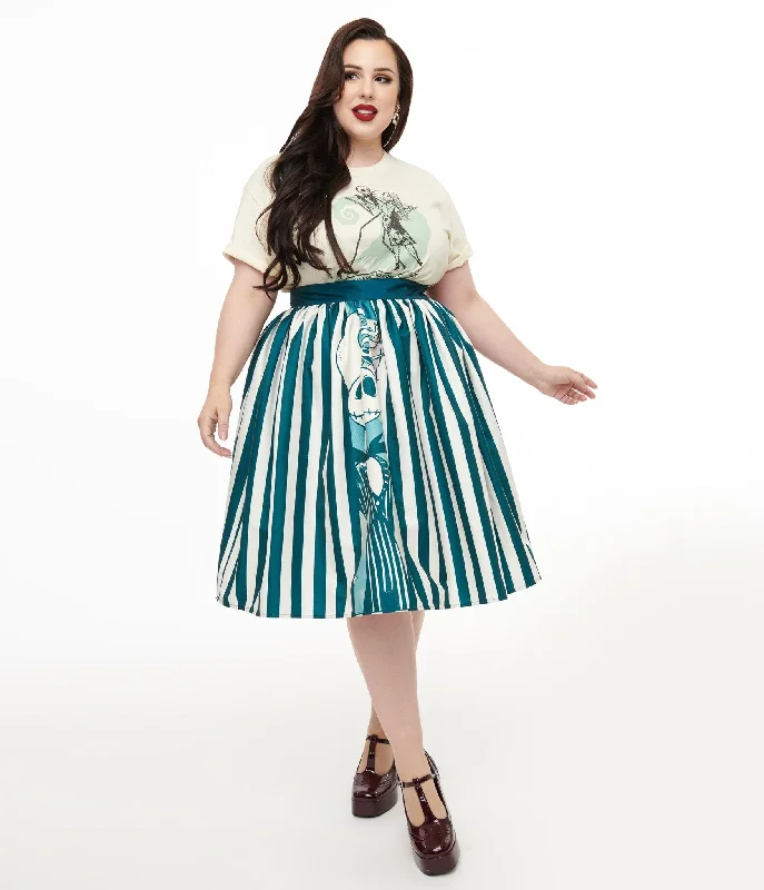 Cute skirts with playful polka dots -Tim Burton's The Nightmare Before Christmas by Unique Vintage Plus Size Teal & White Striped Jack Skellington Gellar Swing Skirt