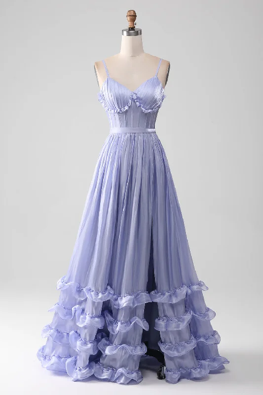 Polyester Dresses for Durable -Lavender Spaghetti Straps A Line Ruffles Prom Dress with Slit