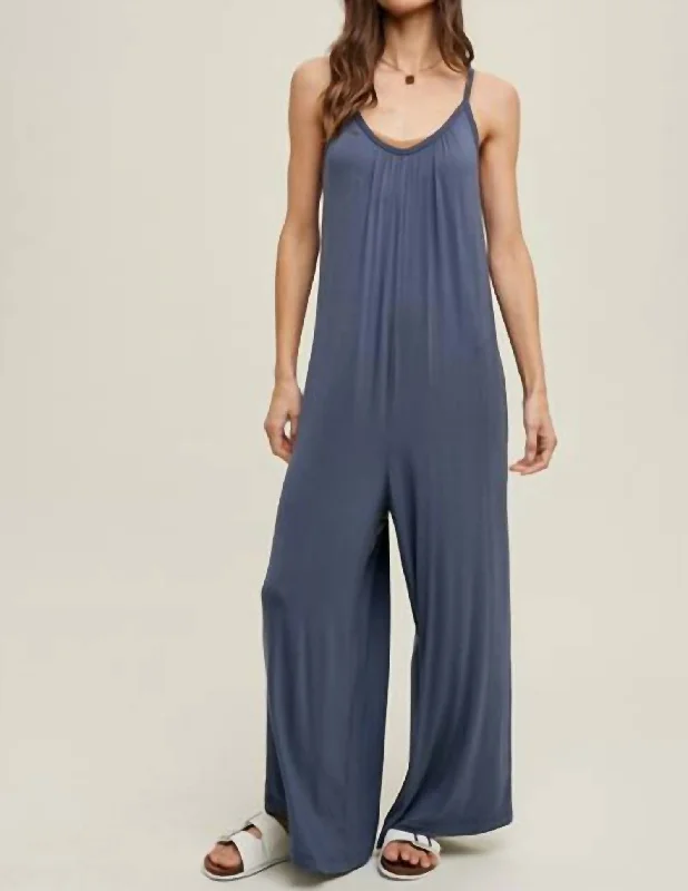 Versatile tight trousers for women with fold-over waist for adjustable comfort -Wide Leg Jumpsuit In Blue