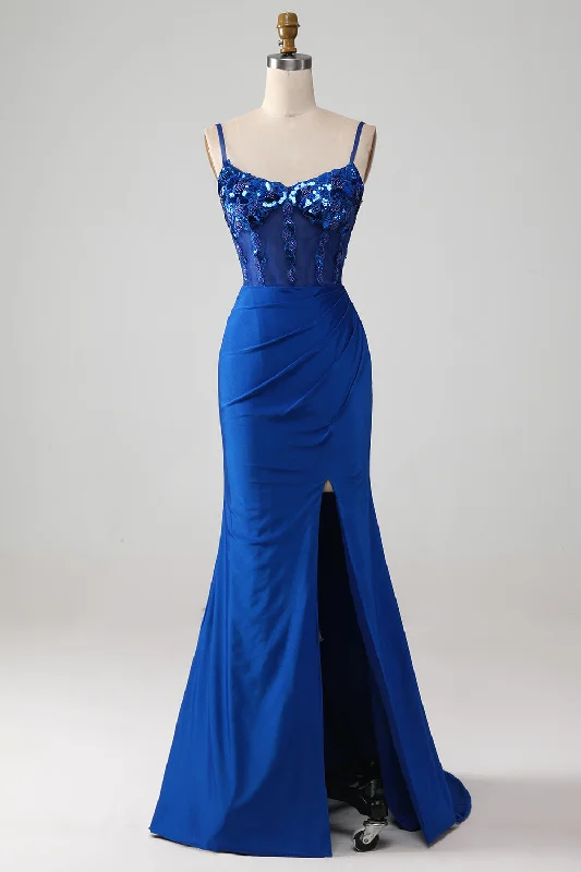 Anniversary Dresses for Special -Beaded Royal Blue Corset Prom Dress with Slit