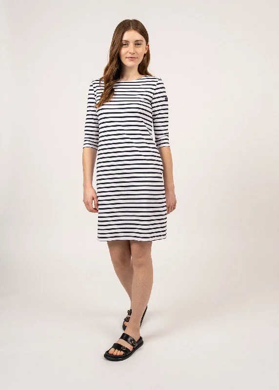 High-waisted Dresses for Flatter -Propriano anti-UV striped dress - with 3/4 length sleeves (NEIGE/NAVY)