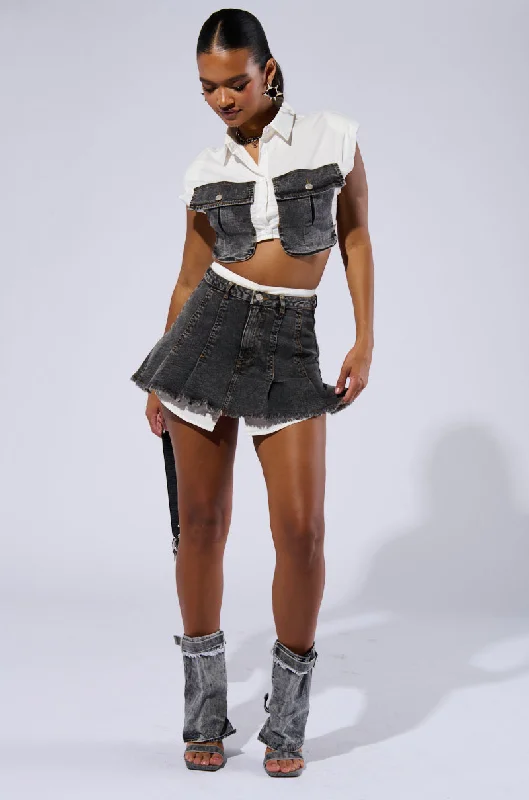 Trendy skirts with asymmetrical hem lines -GET IT RIGHT DISTRESSED DENIM PLEATED MINI SKIRT