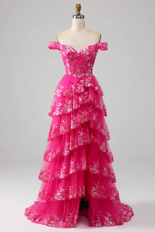 Ball Gown Dresses for Glamour -Off The Shoulder Fuchsia Prom Dress with Sequins