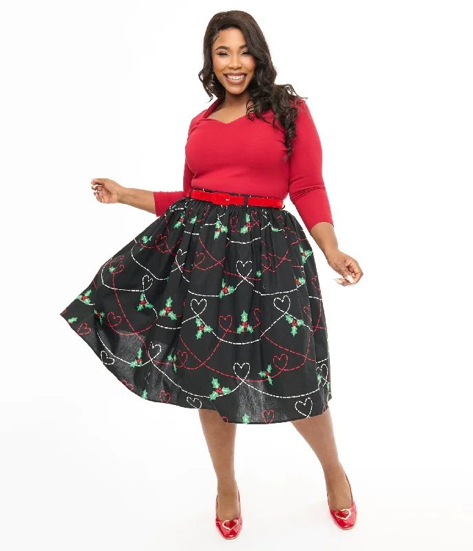 Bold skirts with metallic shimmer finish -Hell Bunny Plus Size 1950s Festive Hearts & Holly Print Angelica Swing Skirt