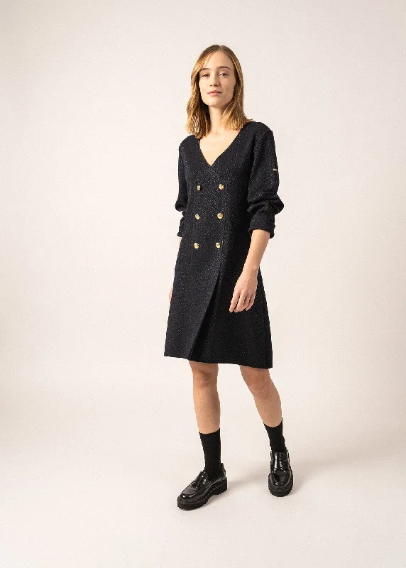 Gray Dresses for Subtle -Royale Lurex Wool Wrap Dress - with crossover V-neck (NAVY/CHAMPAGNE)