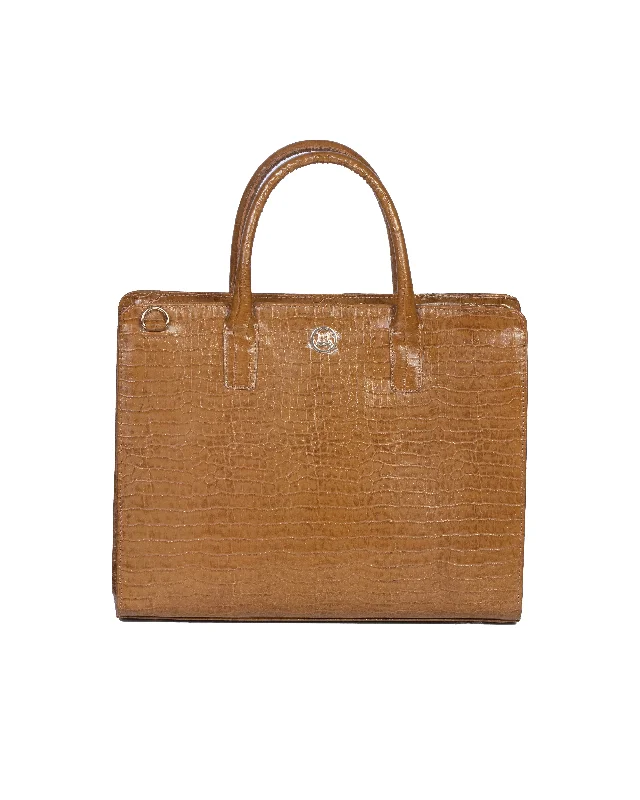 Handle bags with sleek zippers for closure -London: Tortilla Brown Crocodile Print