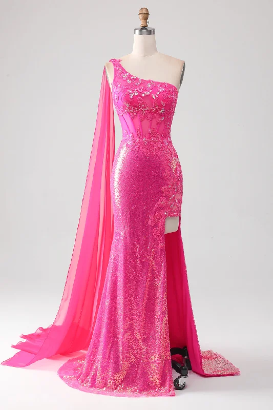 Abstract Dresses for Creative -Sparkly Fuchsia Mermaid One Shoulder Appliques Prom Dress With Slit