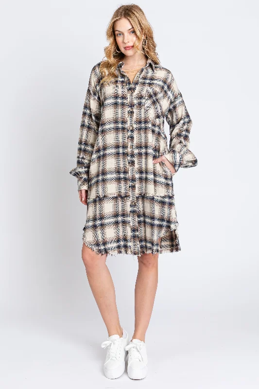 Anniversary Dresses for Special -Taupe Plaid Button Down Raw Hem Dress