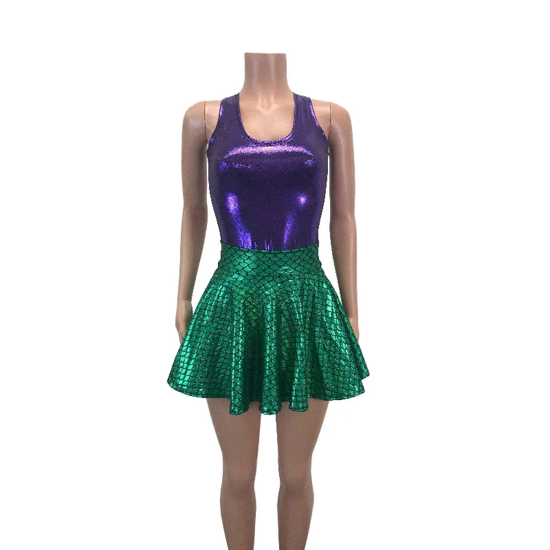 Lightweight cotton skirts for summer ease -Mermaid Costume - Green Mermaid Scales Skater Skirt & Purple Tank Outfit - Rave Costume, Cosplay