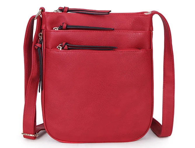 Handle bags with bold stripes for trendiness -PLAIN CURVED RED MULTI COMPARTMENT CROSS BODY SHOULDER BAG